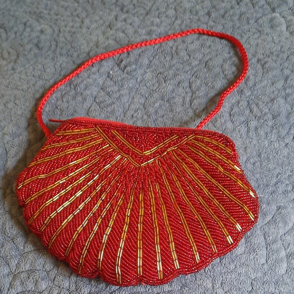 Red and Gold Shell Clutch with Metallic Embellishments